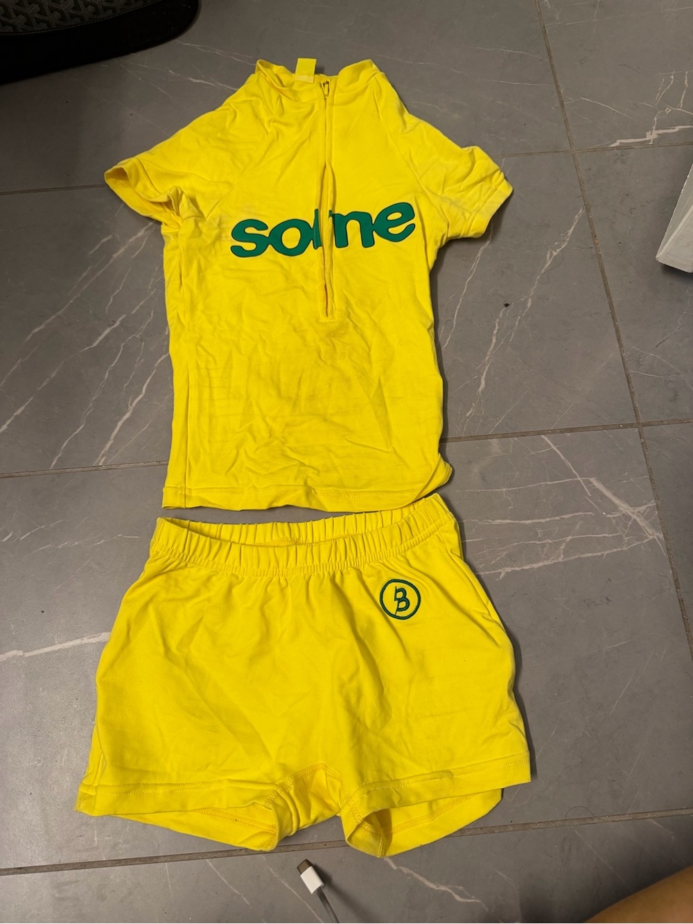 Yellow Women's Two-Piece Active Shorts Set with Green Logo